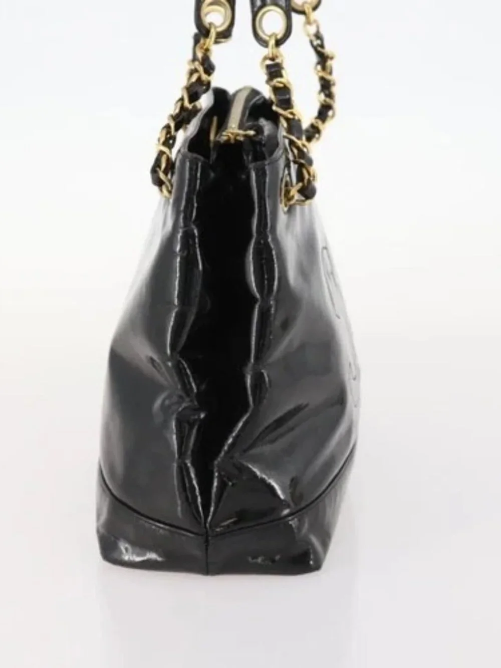 CHANEL Chain Shoulder Bag Patent leather Black Gold CC Auth BA10725